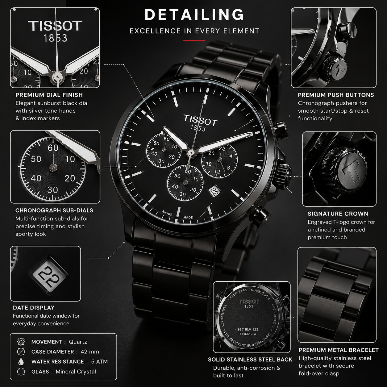 Tis_sot 1853 Black Chronograph Style Men's Watch – Premium Metal Strap