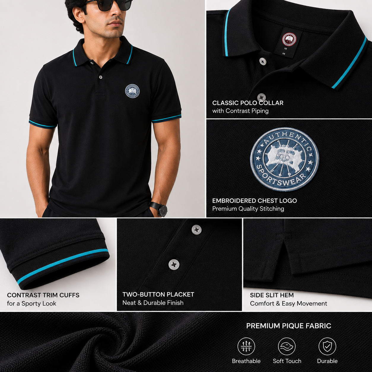 Men’s Black Premium Polo T-Shirt with Contrast Blue Trim & Embroidered Chest Logo