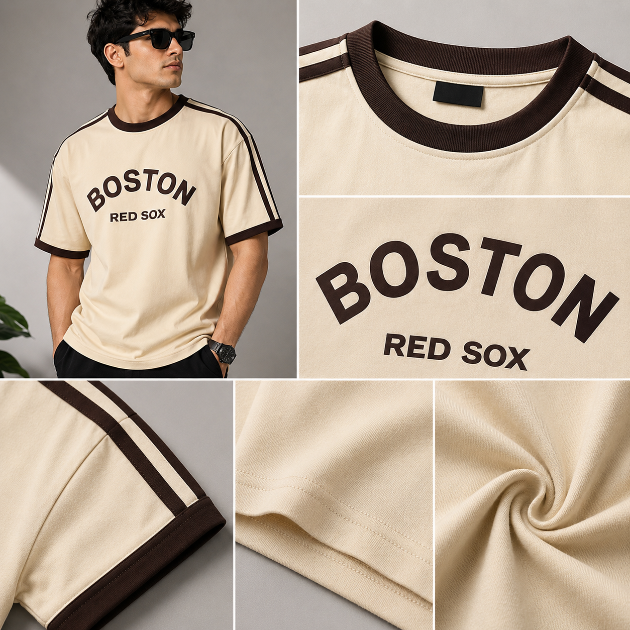 Bo_ston Re_d S_ox Contrast Stripe Oversized Half Sleeve T-Shirt for Men