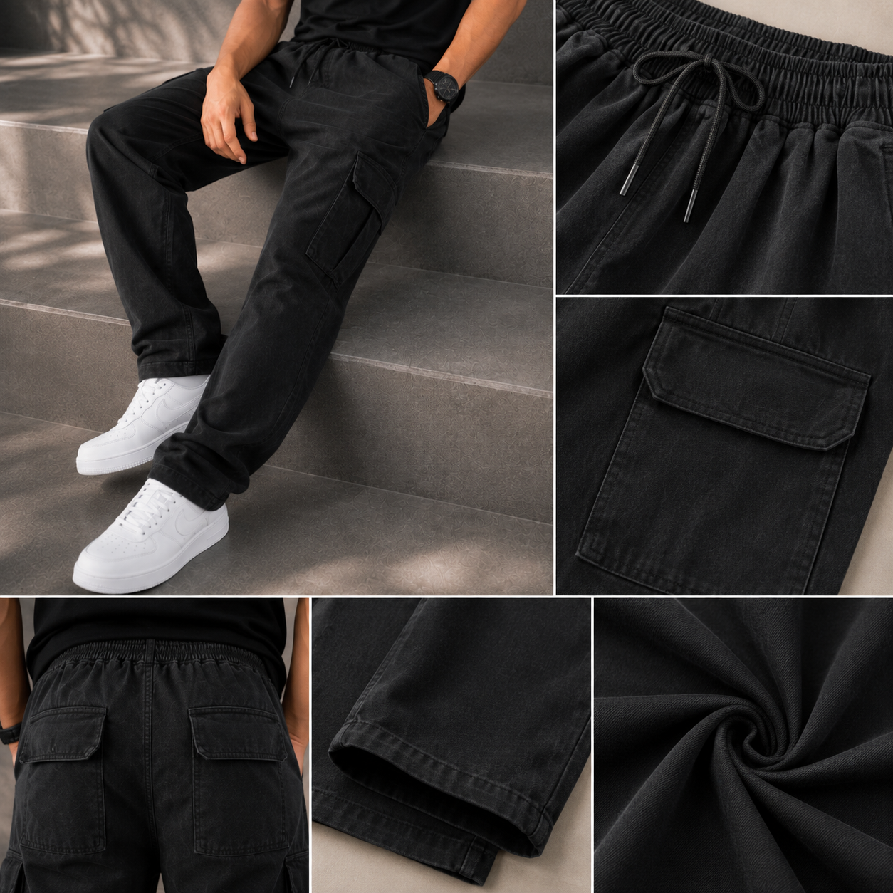 Po_lo Men's Premium Black Cargo Lower | Relaxed Fit Utility Pants with Drawstring Waist