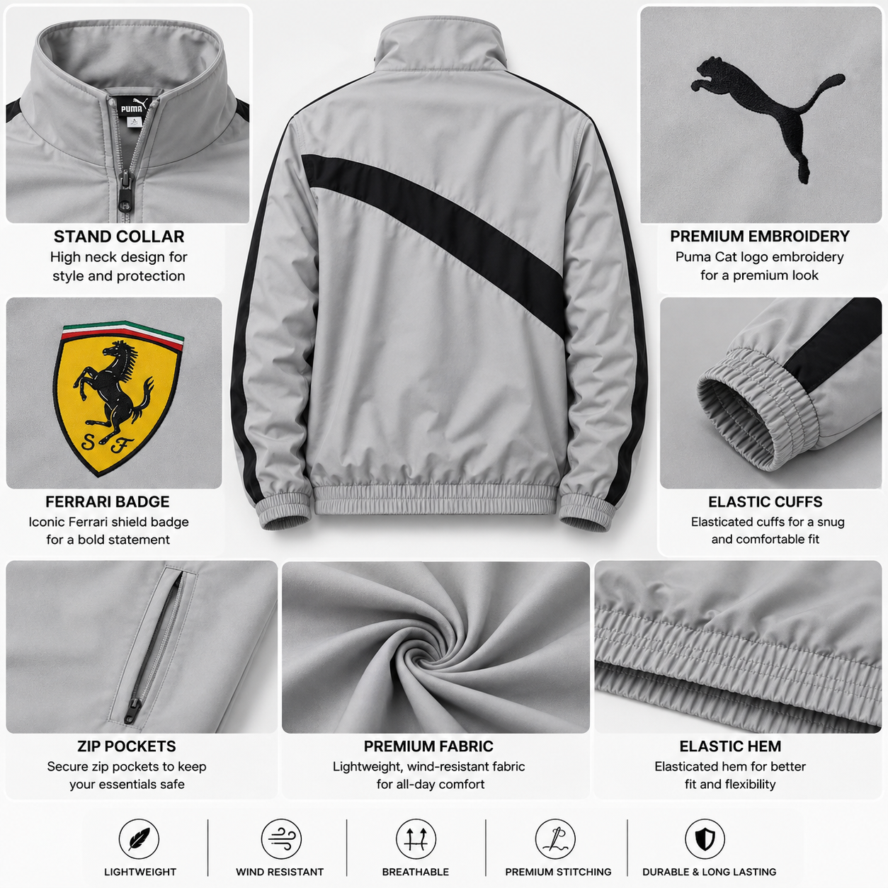 Pu_ma Men's Grey Ferrari Style Track Jacket | Lightweight Full Zip Sports Windbreaker