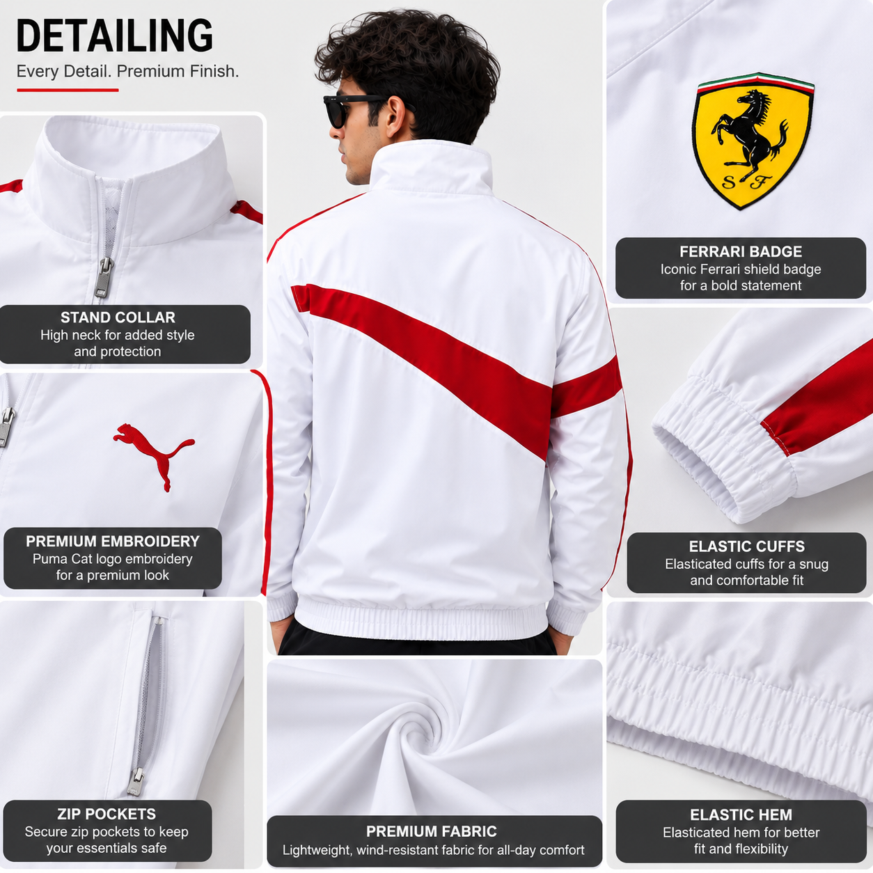 Pu_ma Men's White Ferrari Style Track Jacket | Lightweight Full Zip Sports Windbreaker