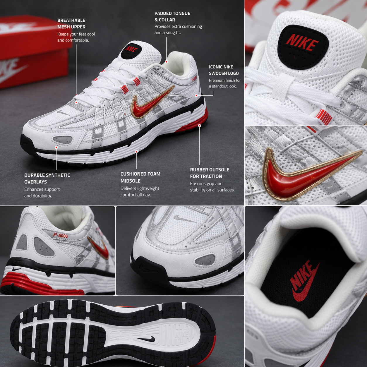 Ni_ke P-6000 White & Silver Sneakers with Red Accent – Premium Sport Shoes