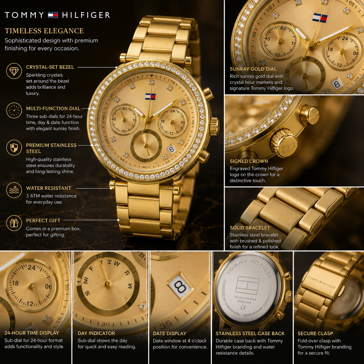 Tom_my Hil_figer Gold-Tone Multi-Function Watch – Crystal Bezel & Premium Metal Bracelet