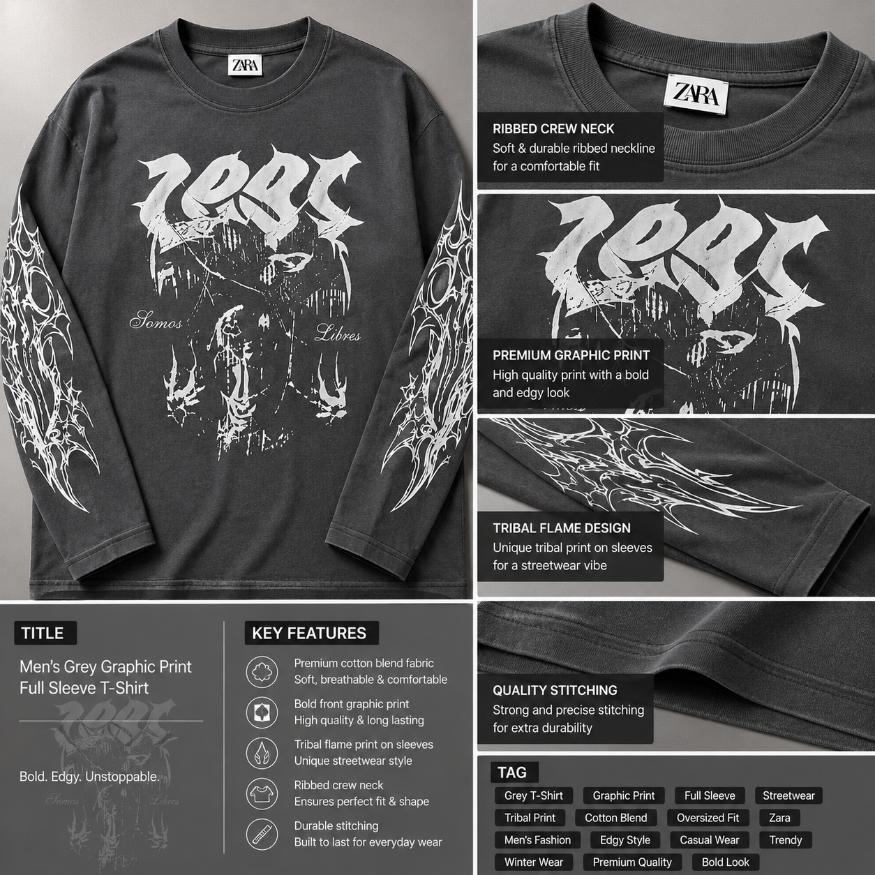 Za_ra Men's Grey Oversized Graphic Print Full Sleeve T-Shirt