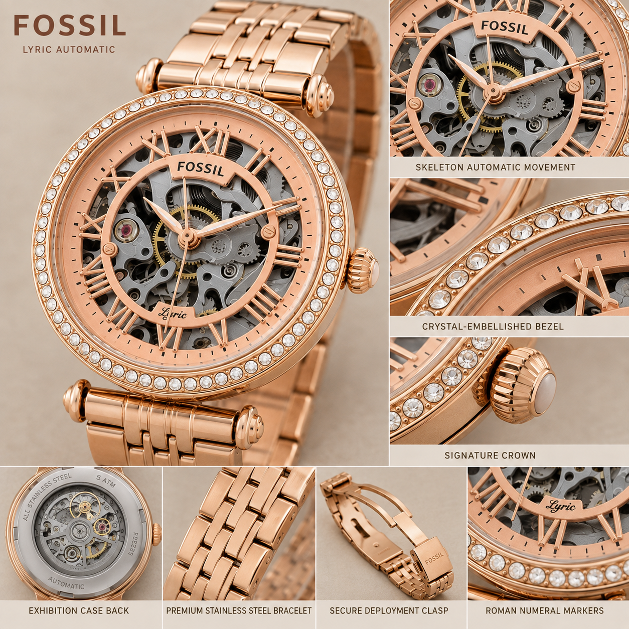 Fos_sil Lyric Women’s Rose Gold Automatic Skeleton Watch – Crystal Bezel & Stainless Steel Bracelet