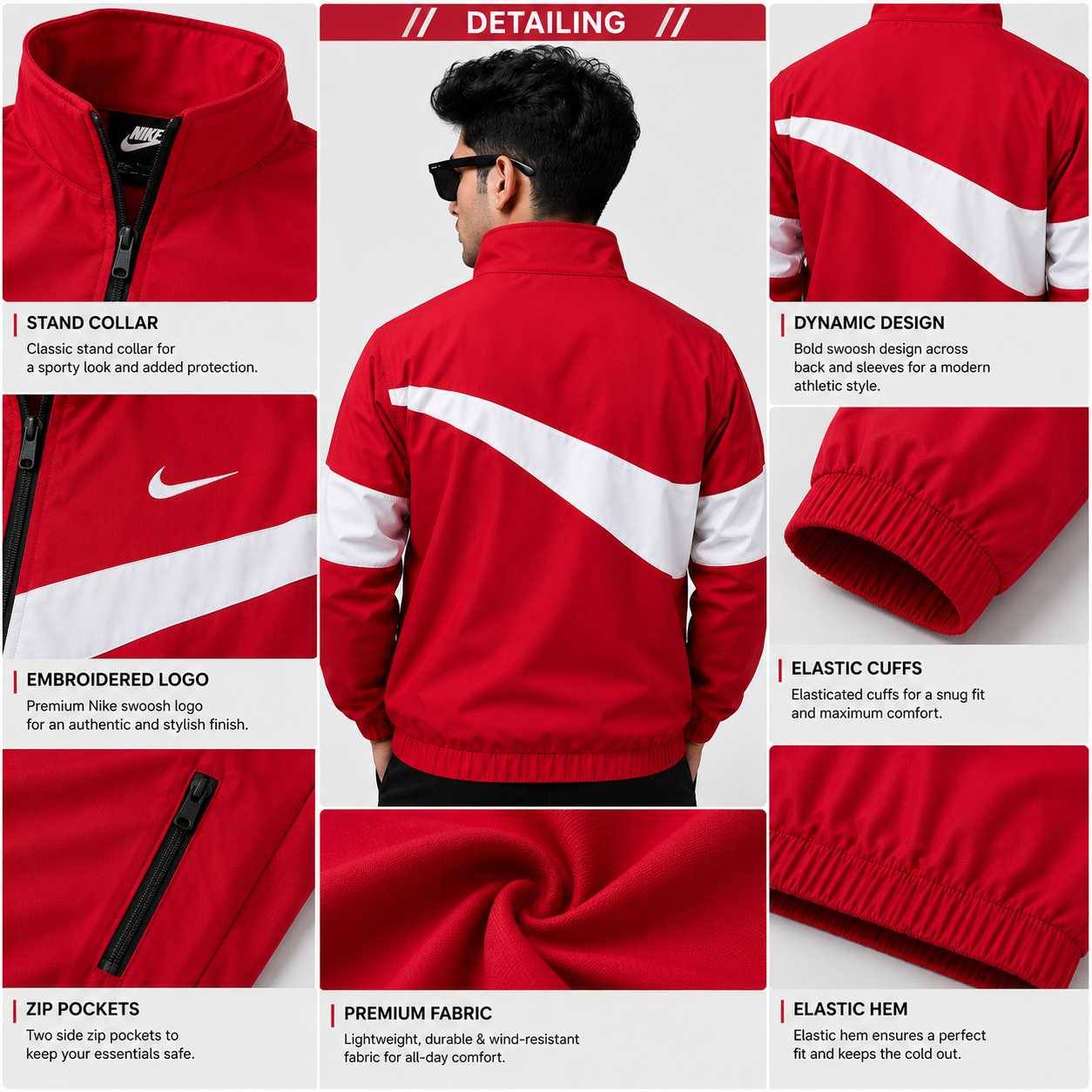 Ni_ke Men's Red Color Block Sports Jacket | Lightweight Full Zip Windbreaker