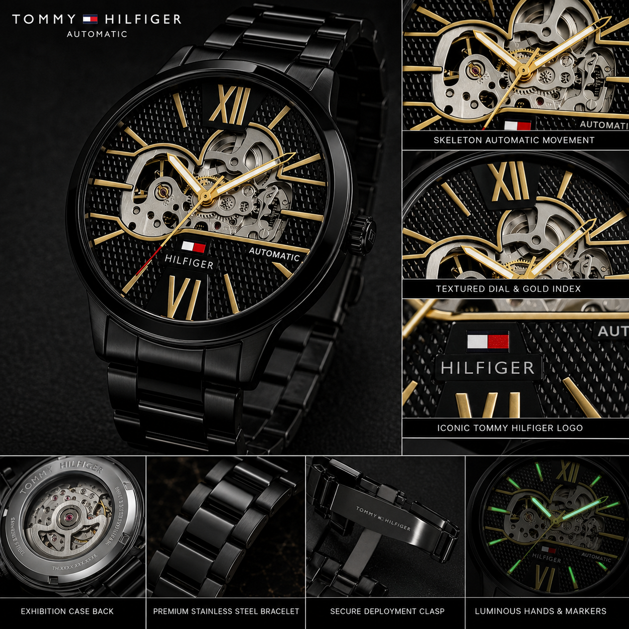 Tom_my Hilfi_ger Men’s Automatic Skeleton Watch – Black Stainless Steel & Gold-Tone Dial
