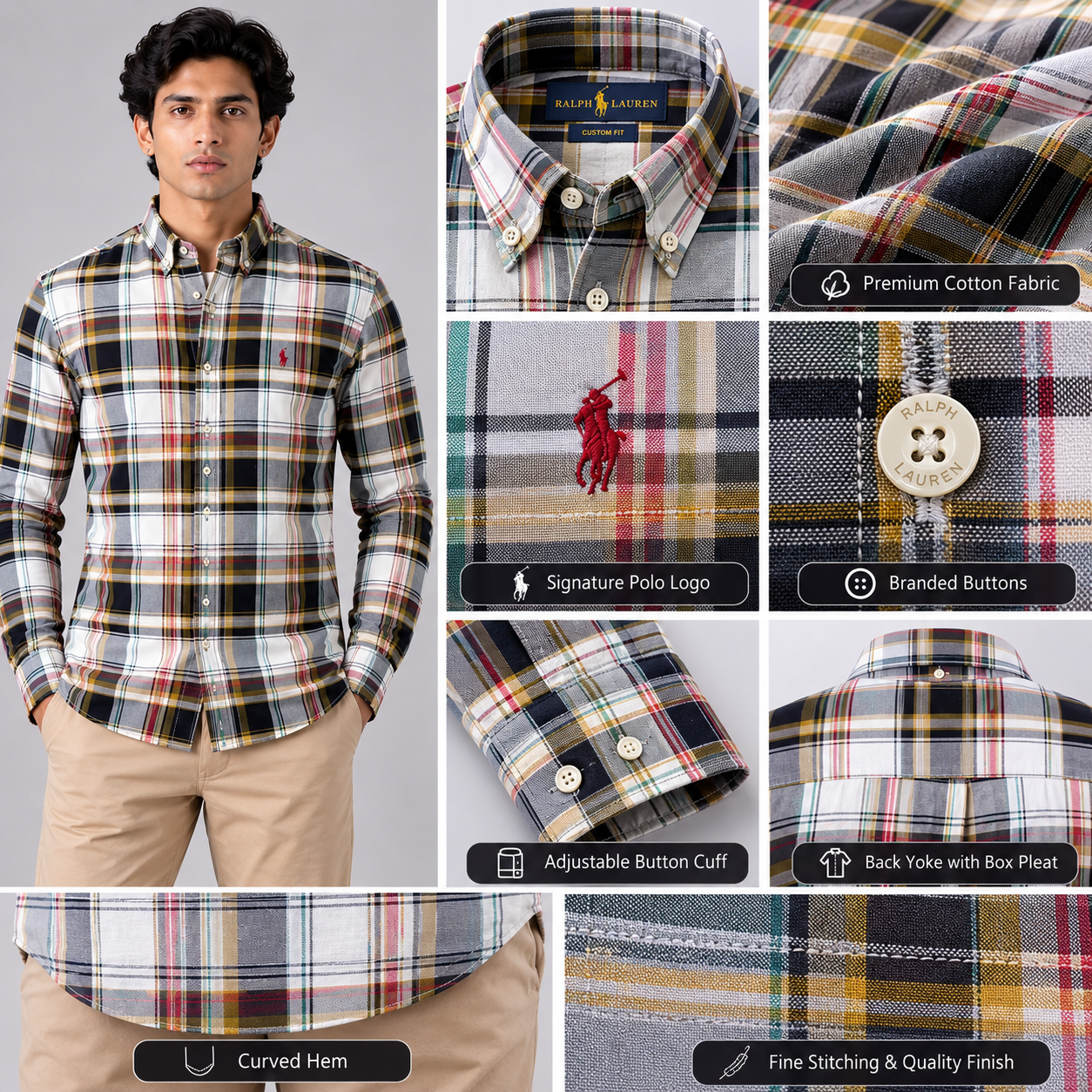 Po_lo Ra_lph Lau_ren Men’s Multicolor Plaid Check Shirt | Custom Fit Full Sleeve Button-Down Shirt