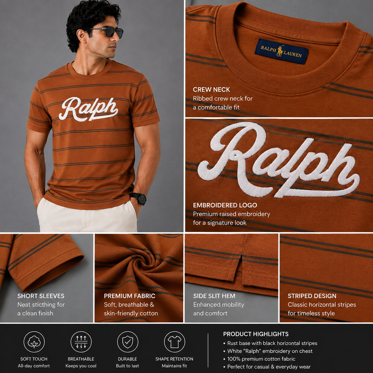 Po_lo Ral_ph Laur_en Men’s Rust Brown Striped Crew Neck T-Shirt – White Ralph Embroidered Logo