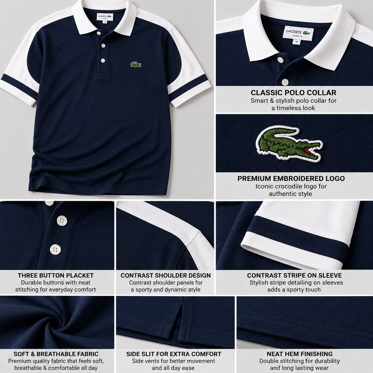 Lac_oste Style Men’s Navy Blue & White Contrast Polo T-Shirt | Premium Half Sleeve Casual Polo | Smart Regular Fit