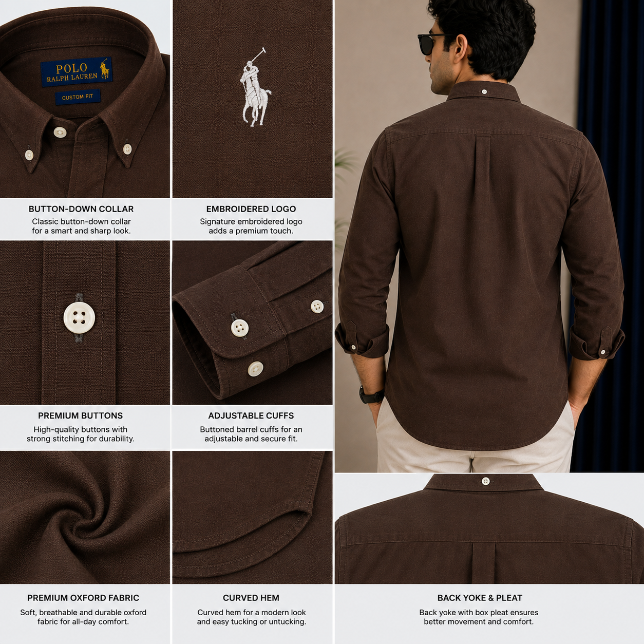 Po_lo RAL_PH LAU_REN Men’s Premium Chocolate Brown Oxford Shirt – Embroidered Button-Down Full Sleeve Shirt