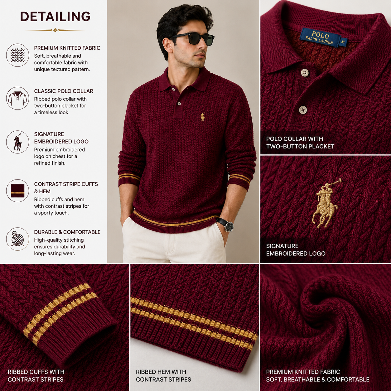 po_lo Men's Premium Burgundy Textured Knit Polo T-Shirt with Contrast Stripe Cuffs