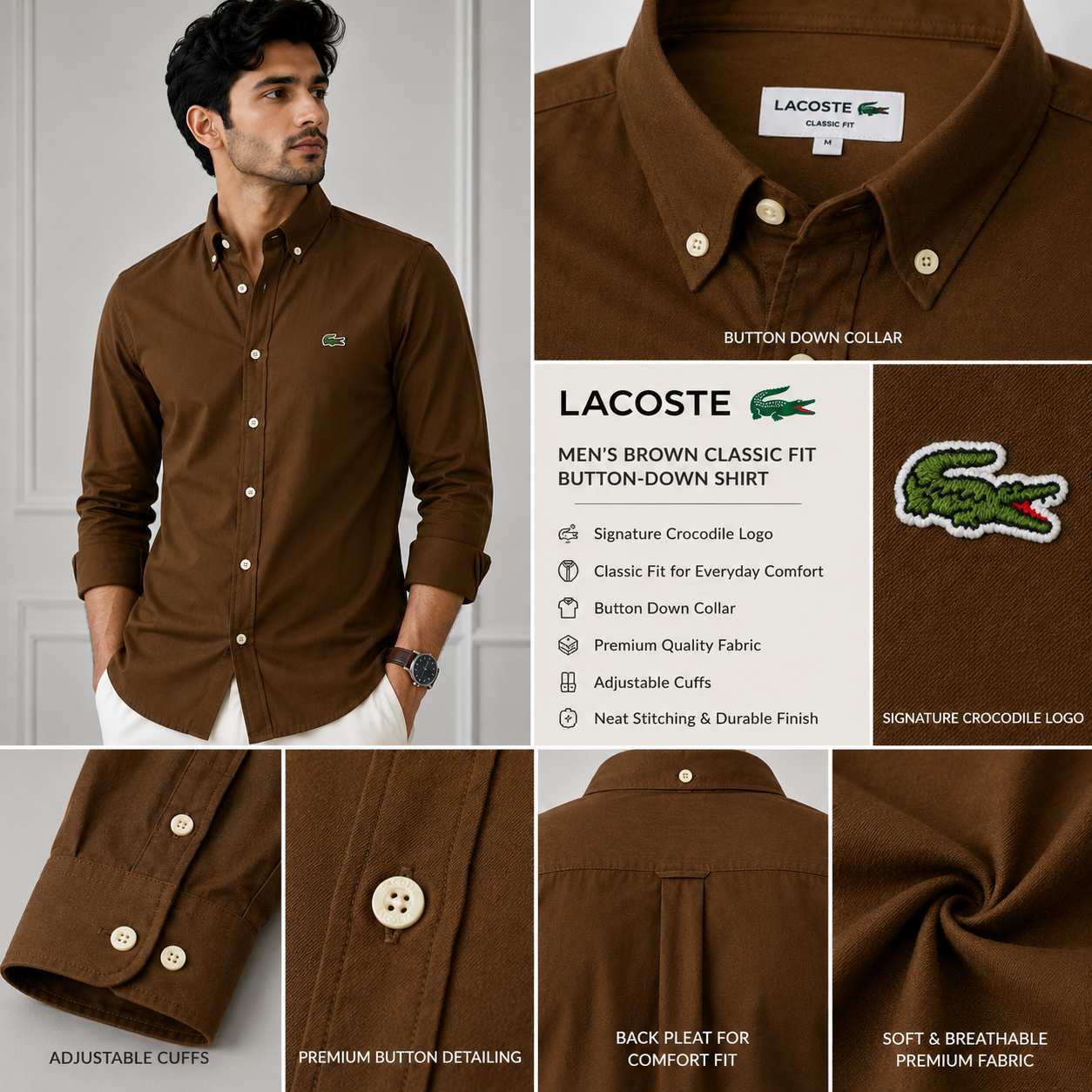 Lac_oste Men’s Brown Classic Fit Button-Down Shirt – Premium Casual Wear