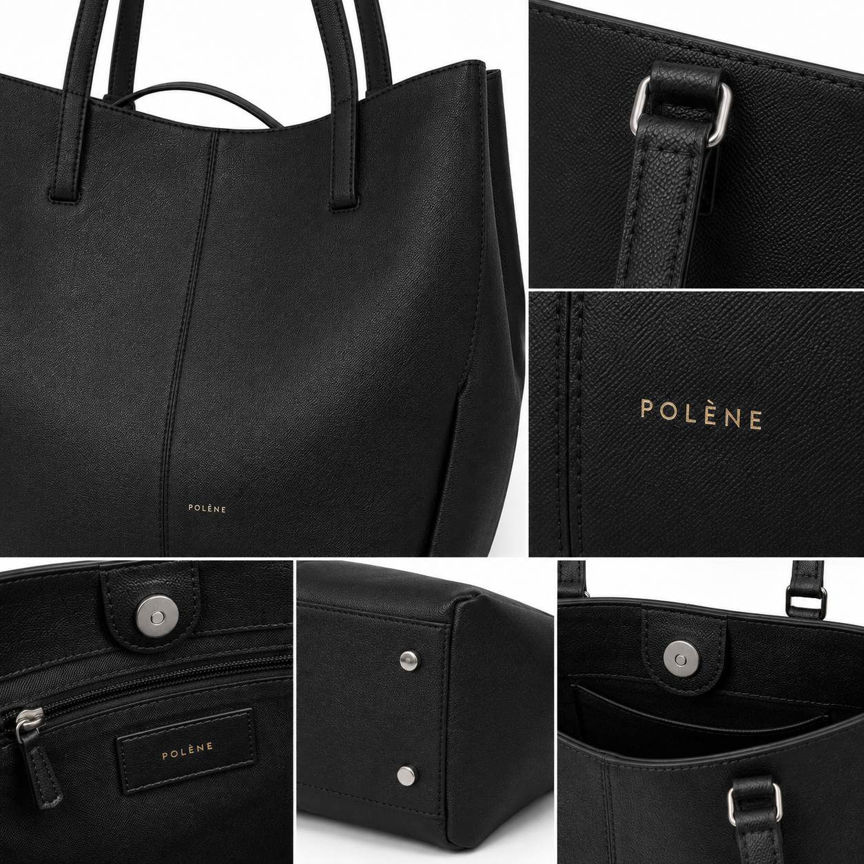 POL_ÈNE Women’s Black Textured Tote Bag – Premium Large Shoulder Carryall