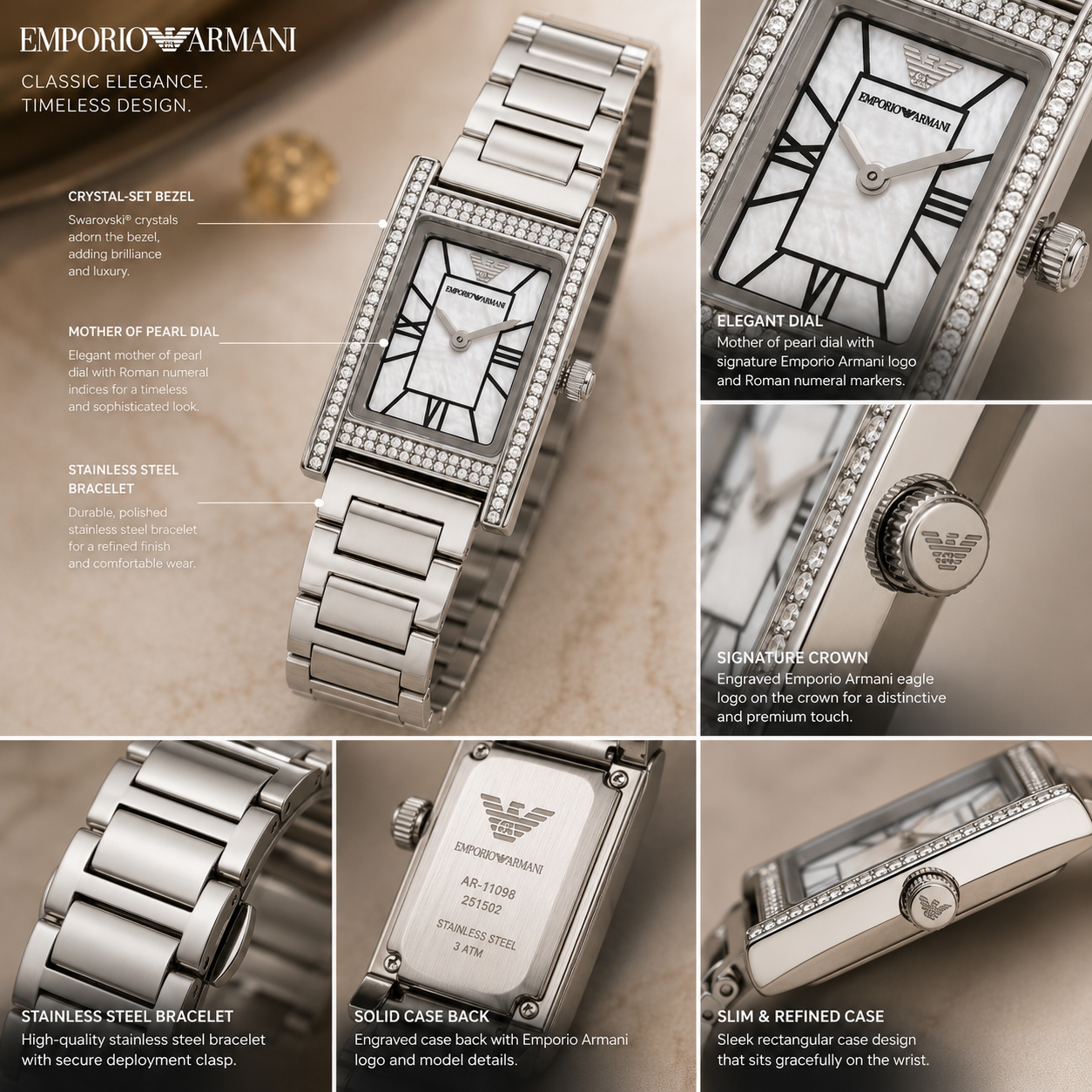 Em_porio Ar_mani Women’s Rectangular Crystal Watch – Mother-of-Pearl Dial & Silver Bracelet