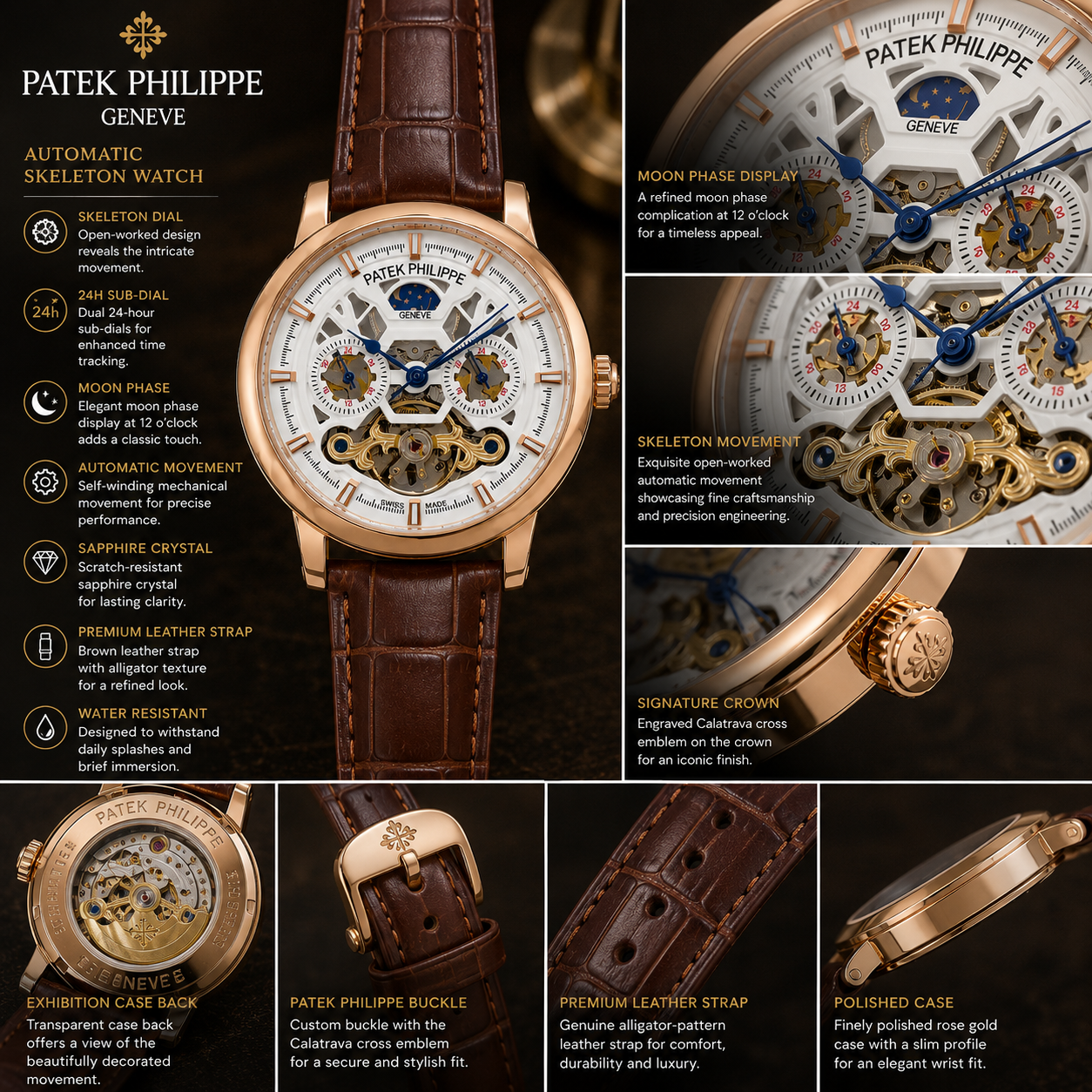 Pa_tek Phil_ippe Automatic Skeleton Men’s Watch – Rose Gold Case, White Open-Work Dial & Brown Leather Strap