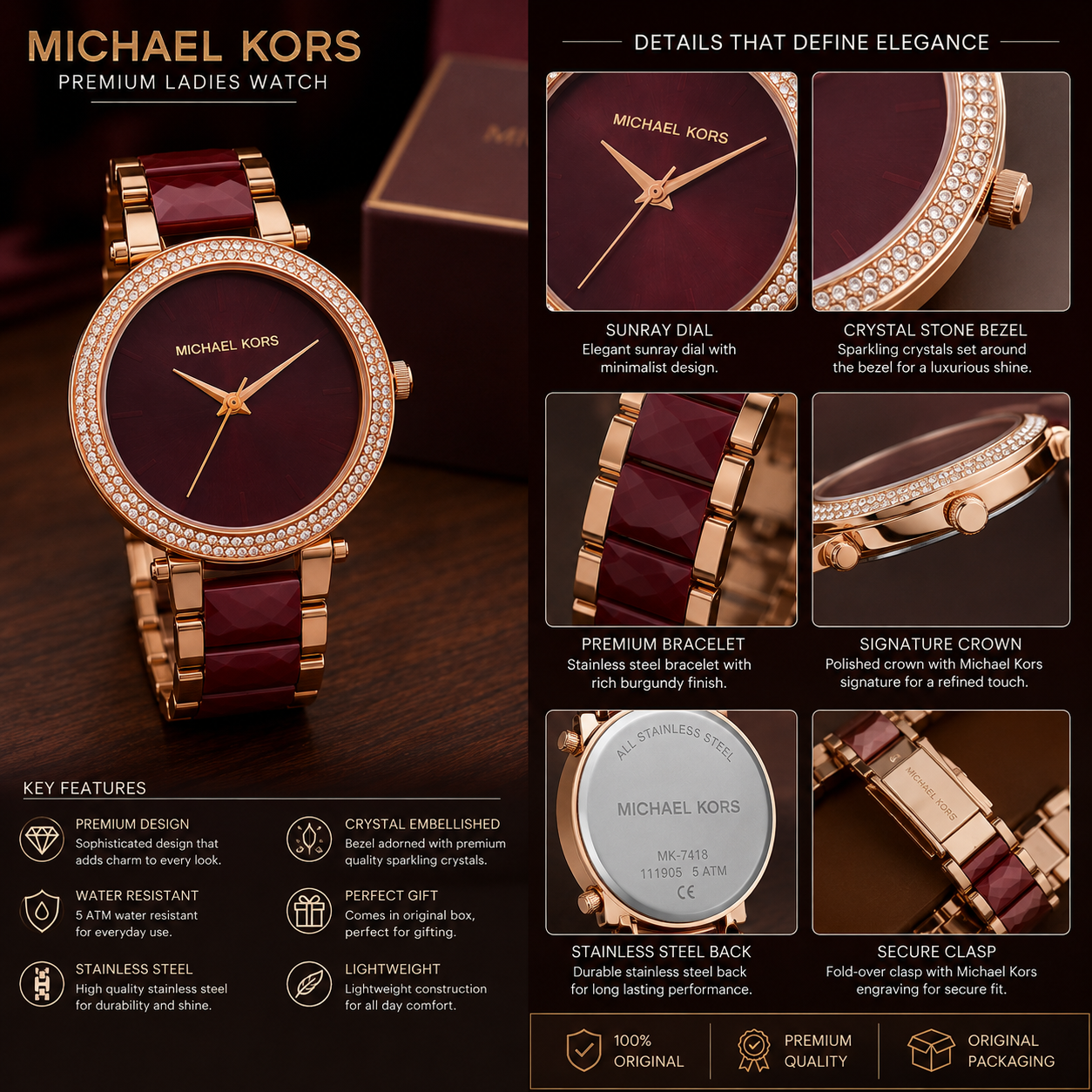 Mic_hael Ko_rs Burgundy Dial Crystal Bezel Ladies Watch