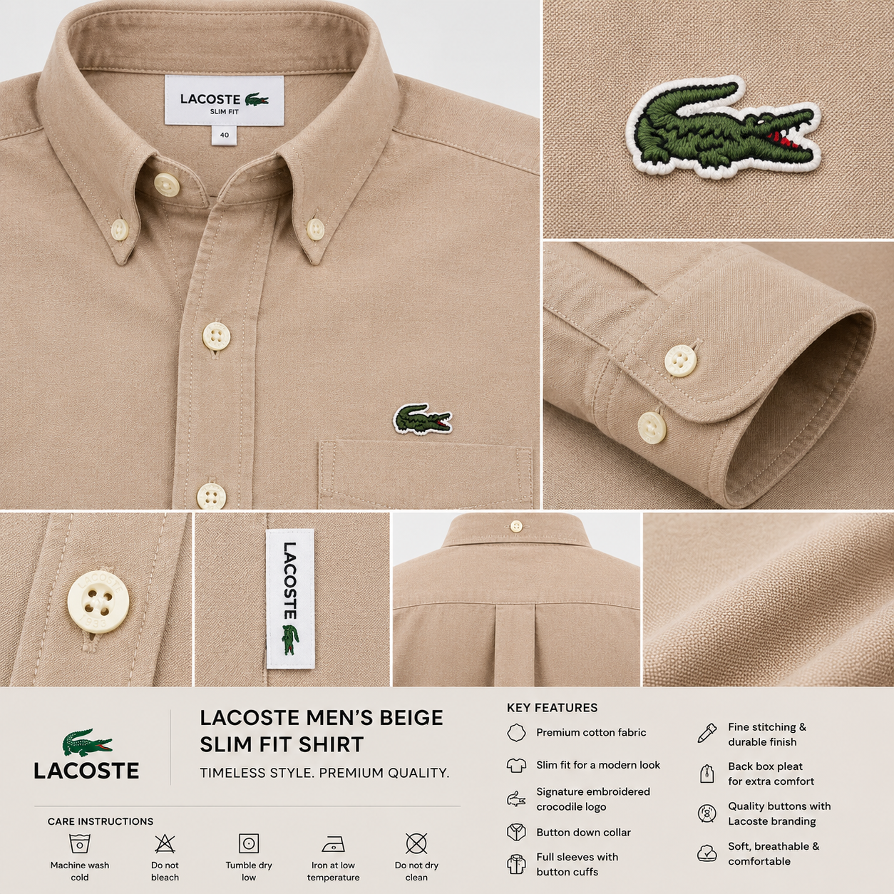 Lac_oste Men’s Beige Slim Fit Button-Down Shirt – Signature Crocodile Logo