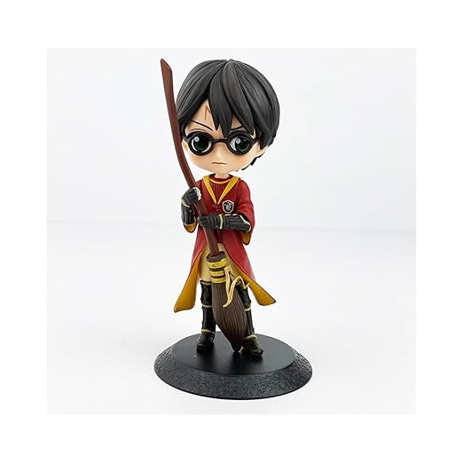 Quidditch Player Collectible Action Figure, Anime Style Miniature with Broomstick, Red and Gold Uniform(Height-16 Cm)
