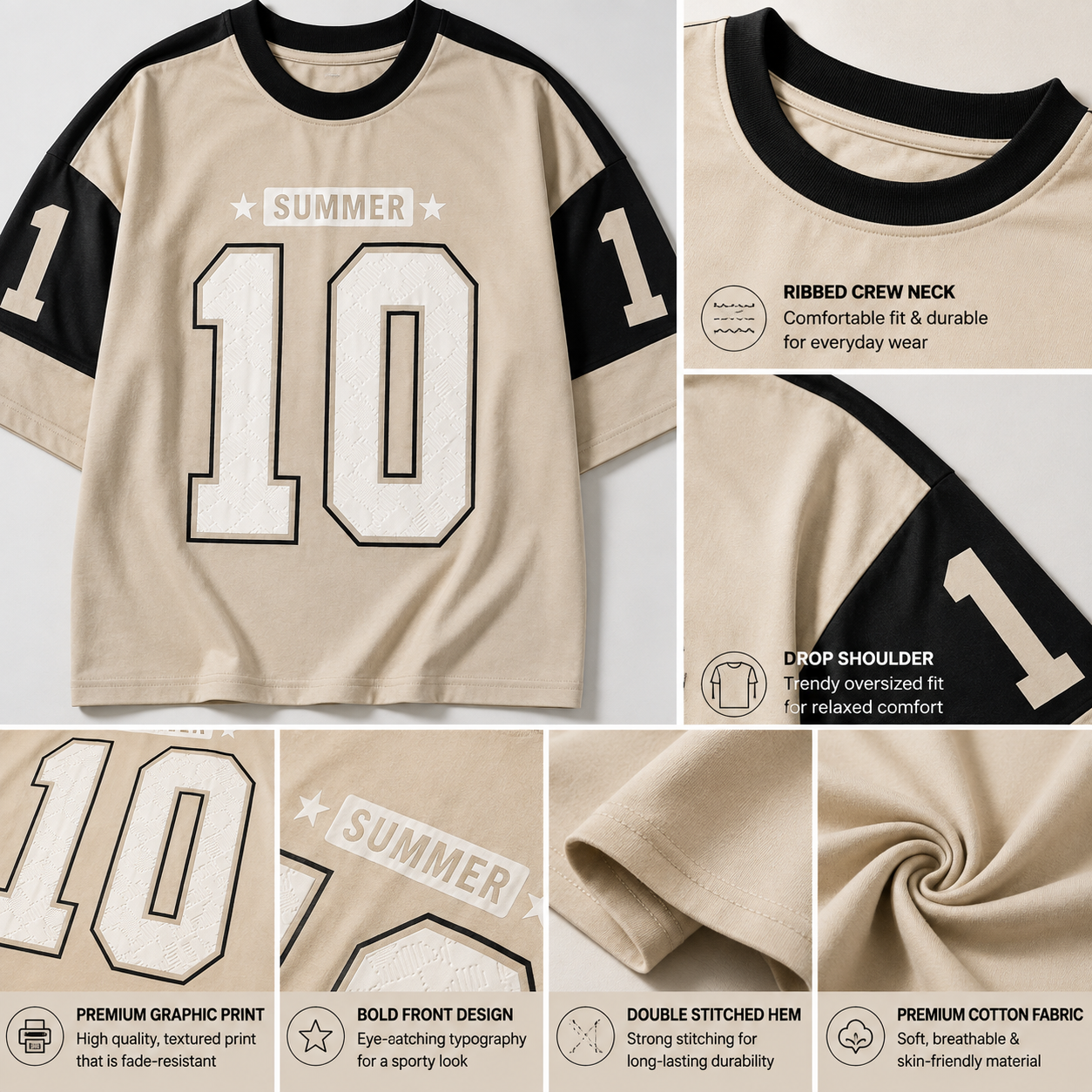 Adi_das Men's Oversized Beige Graphic Printed T-Shirt | Premium Cotton Drop Shoulder Casual Streetwear Tee