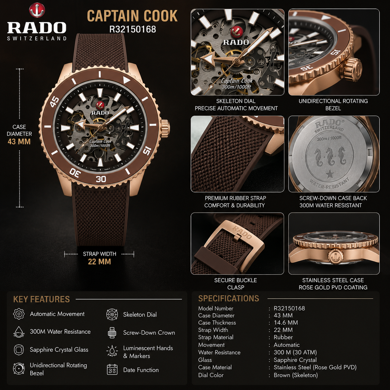 Ra_do Captain Cook Skeleton Rose Gold Brown Automatic Men’s Watch