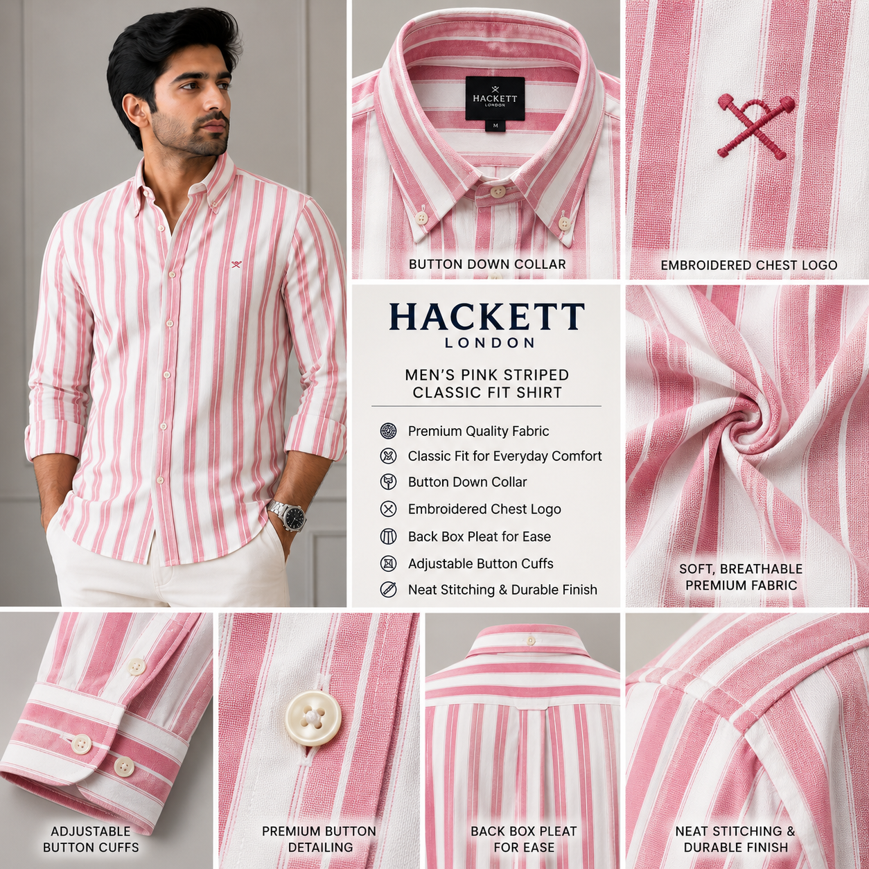 Hac_kett Lon_don Men’s Pink Striped Classic Fit Button-Down Shirt – Premium Casual Wear