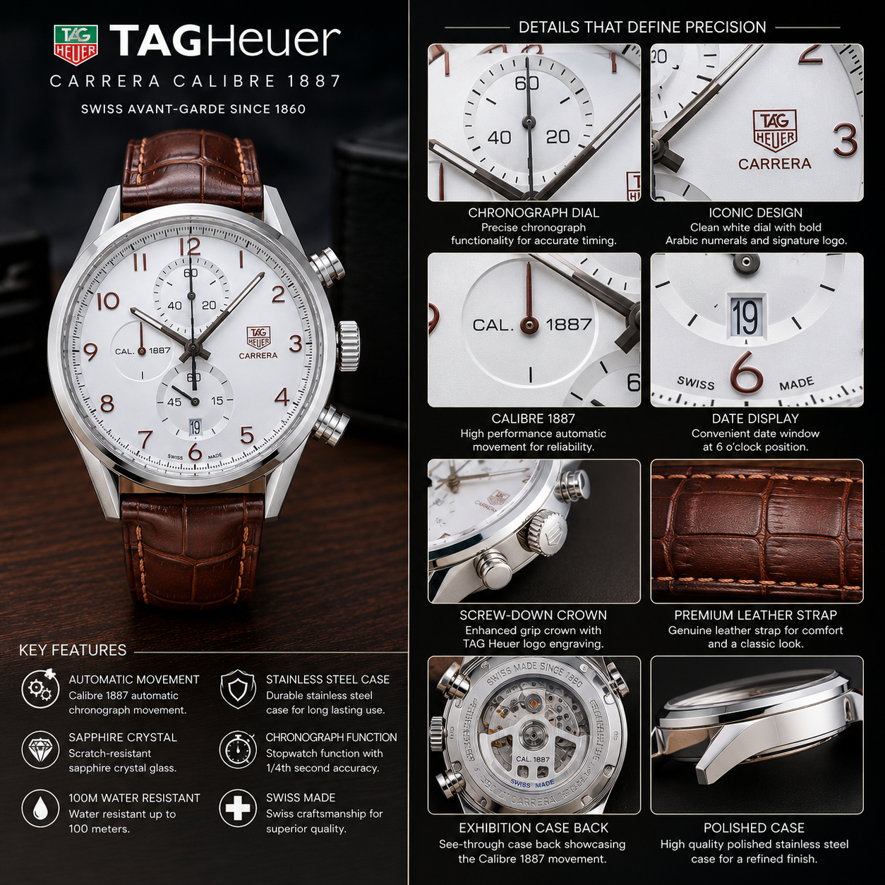 TA_G He_uer Carrera Calibre 1887 White Dial Brown Leather Chronograph Watch