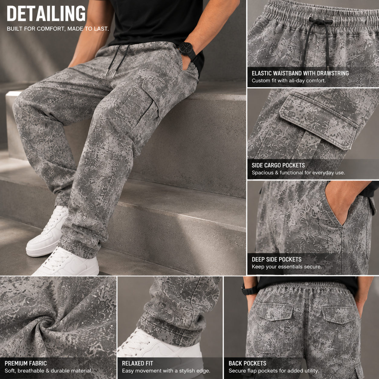 Po_lo Men's Premium Cargo Lower | Relaxed Fit Drawstring Joggers with Utility Pockets