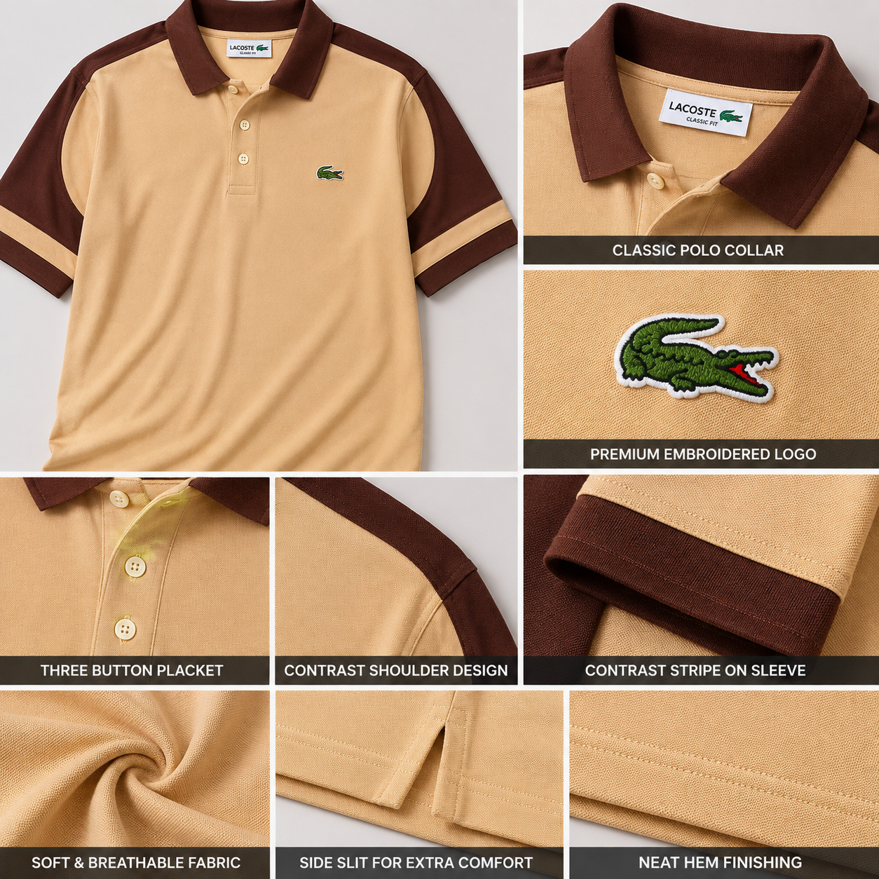 Lac_oste Style Men’s Beige & Brown Contrast Polo T-Shirt | Premium Half Sleeve Casual Polo | Smart Regular Fit