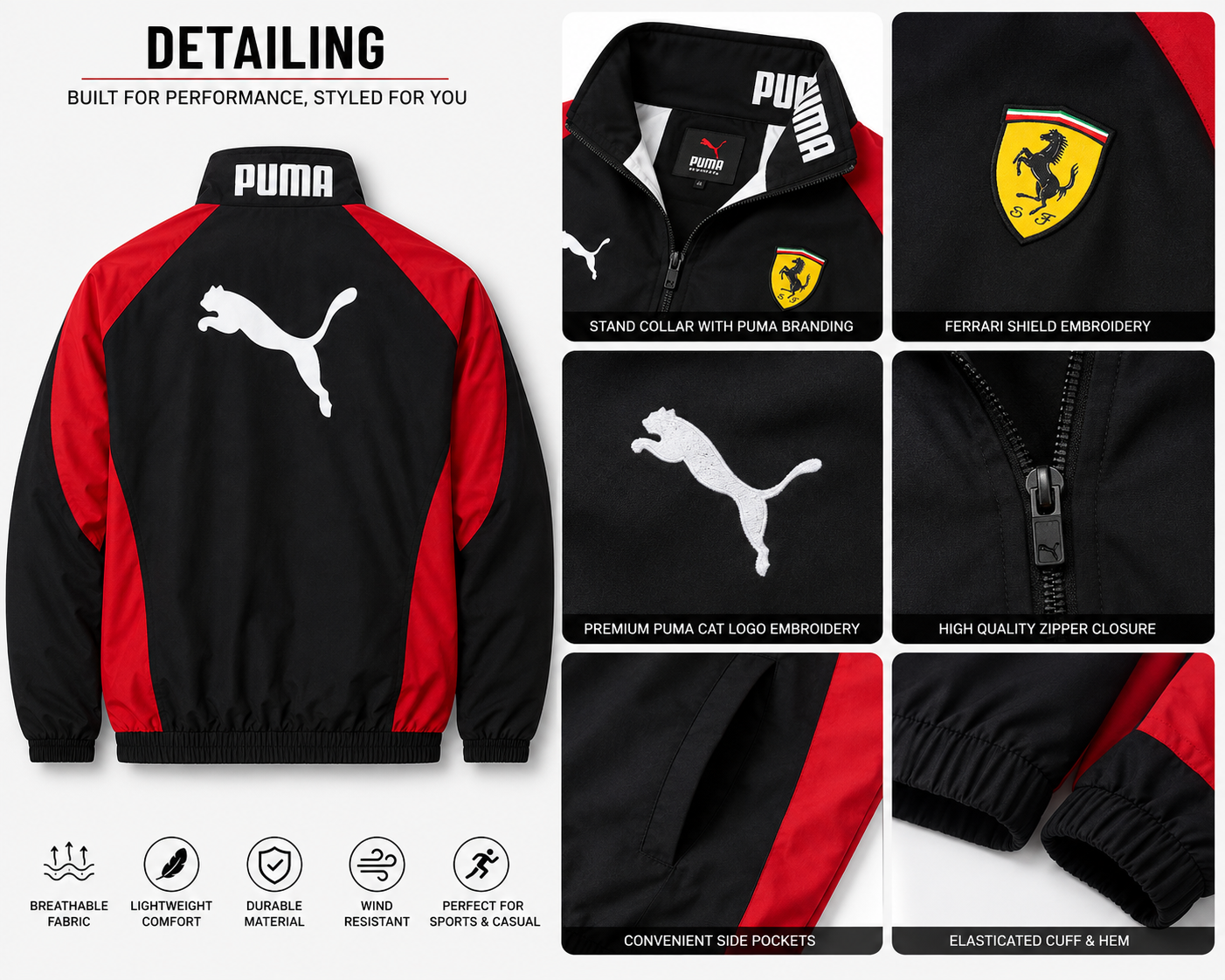 Pu_ma Men's Black & Red Motorsport Style Zip-Up Jacket | Lightweight Casual Track Jacket