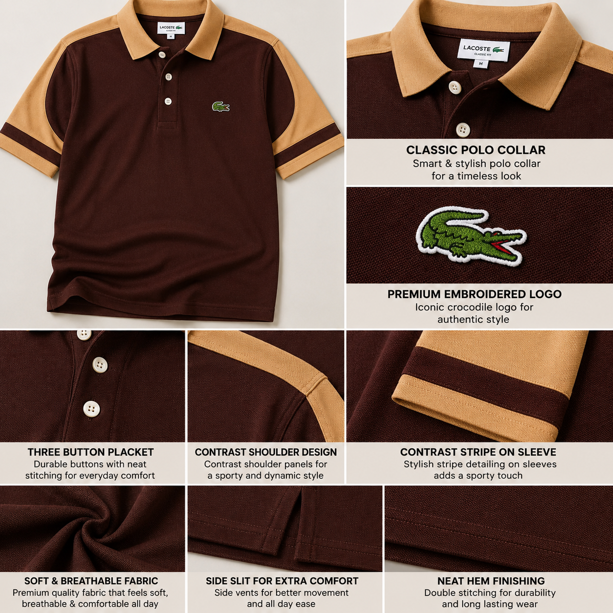 Lacoste Style Men’s Brown & Tan Contrast Polo T-Shirt | Premium Half Sleeve Casual Polo | Smart Regular Fit