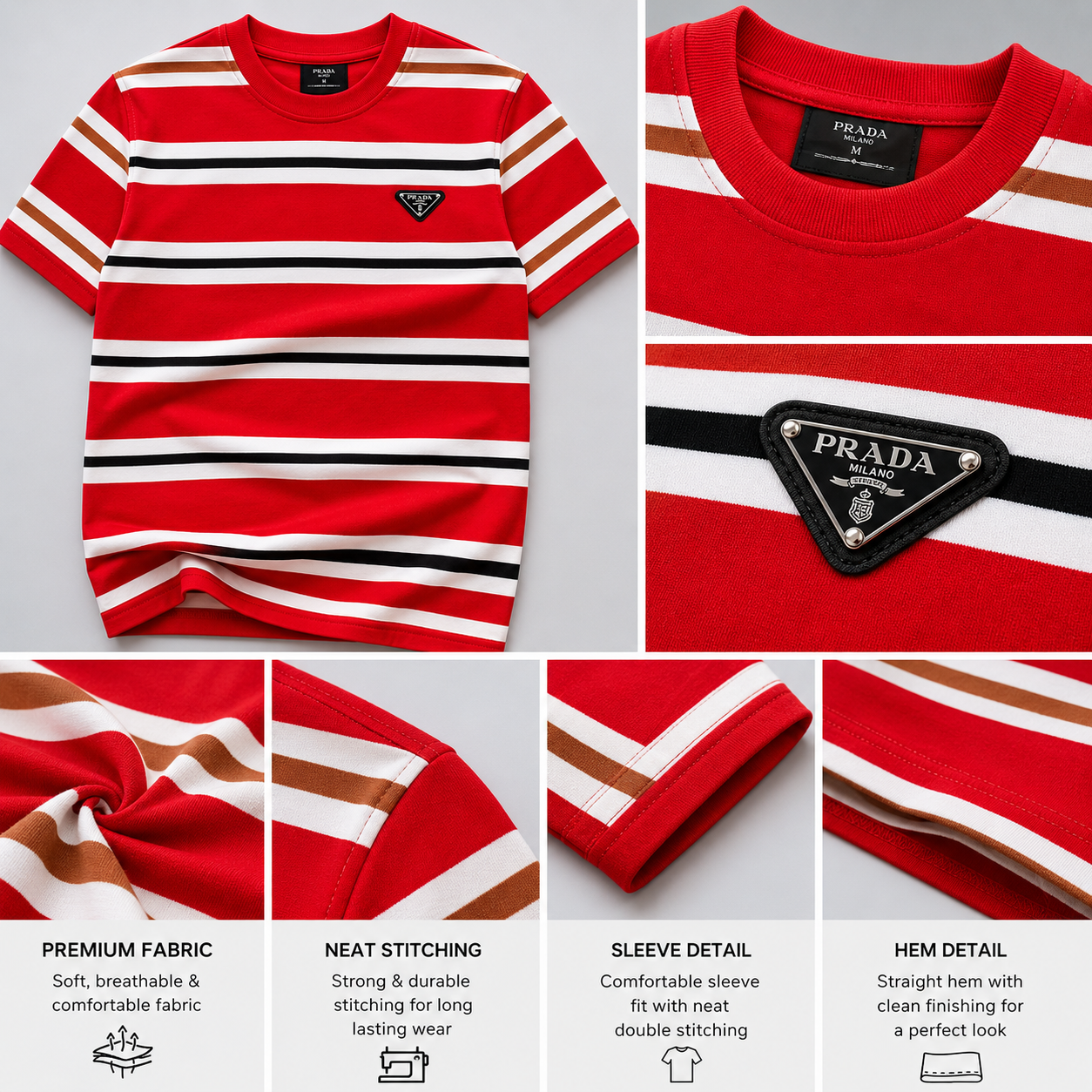 Pr_ada Men’s Premium Red Striped T-Shirt | Half Sleeve Round Neck Casual T-Shirt
