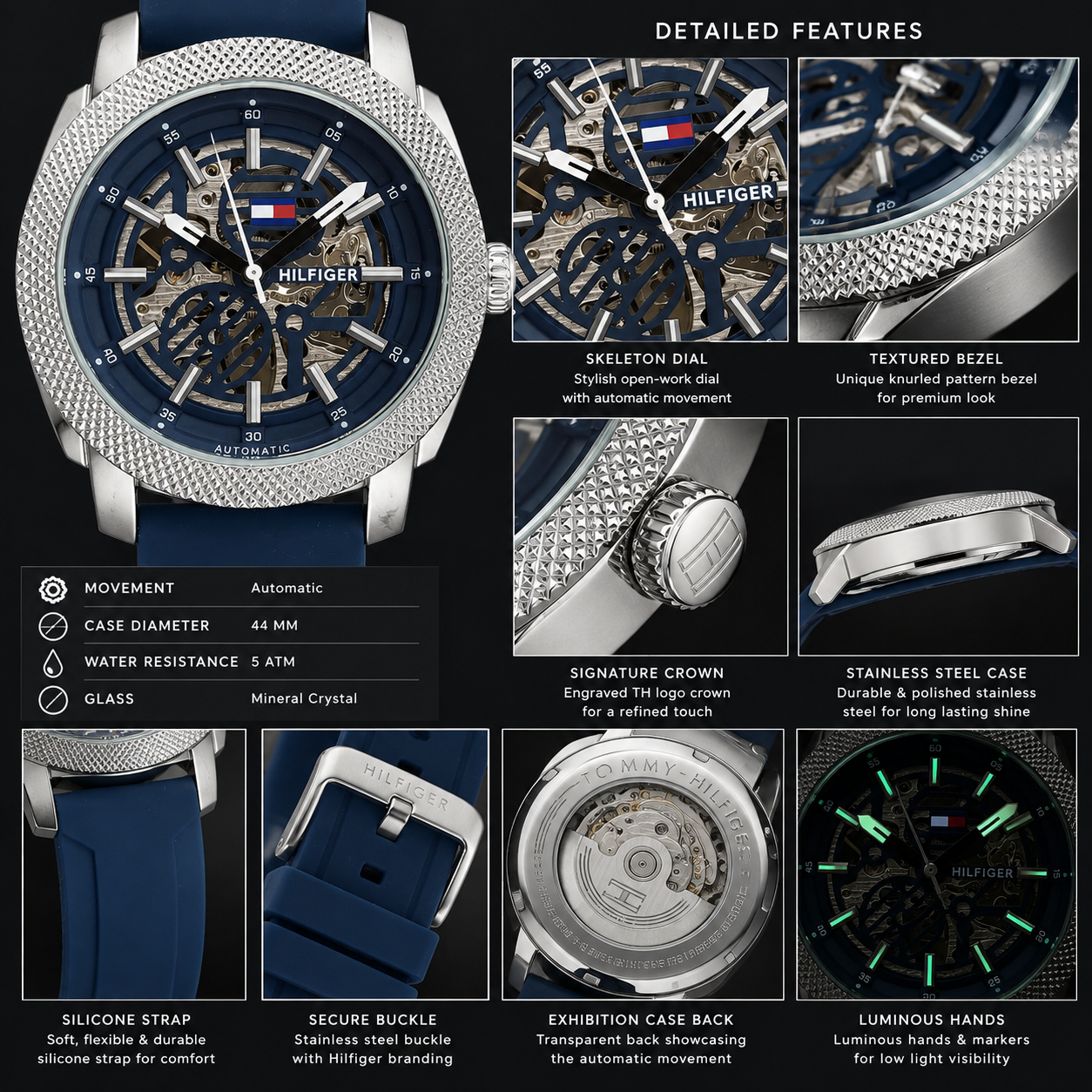 Tom_my Hilfi_ger Automatic Skeleton Dial Men's Watch – Blue Silicone Strap & Silver Case