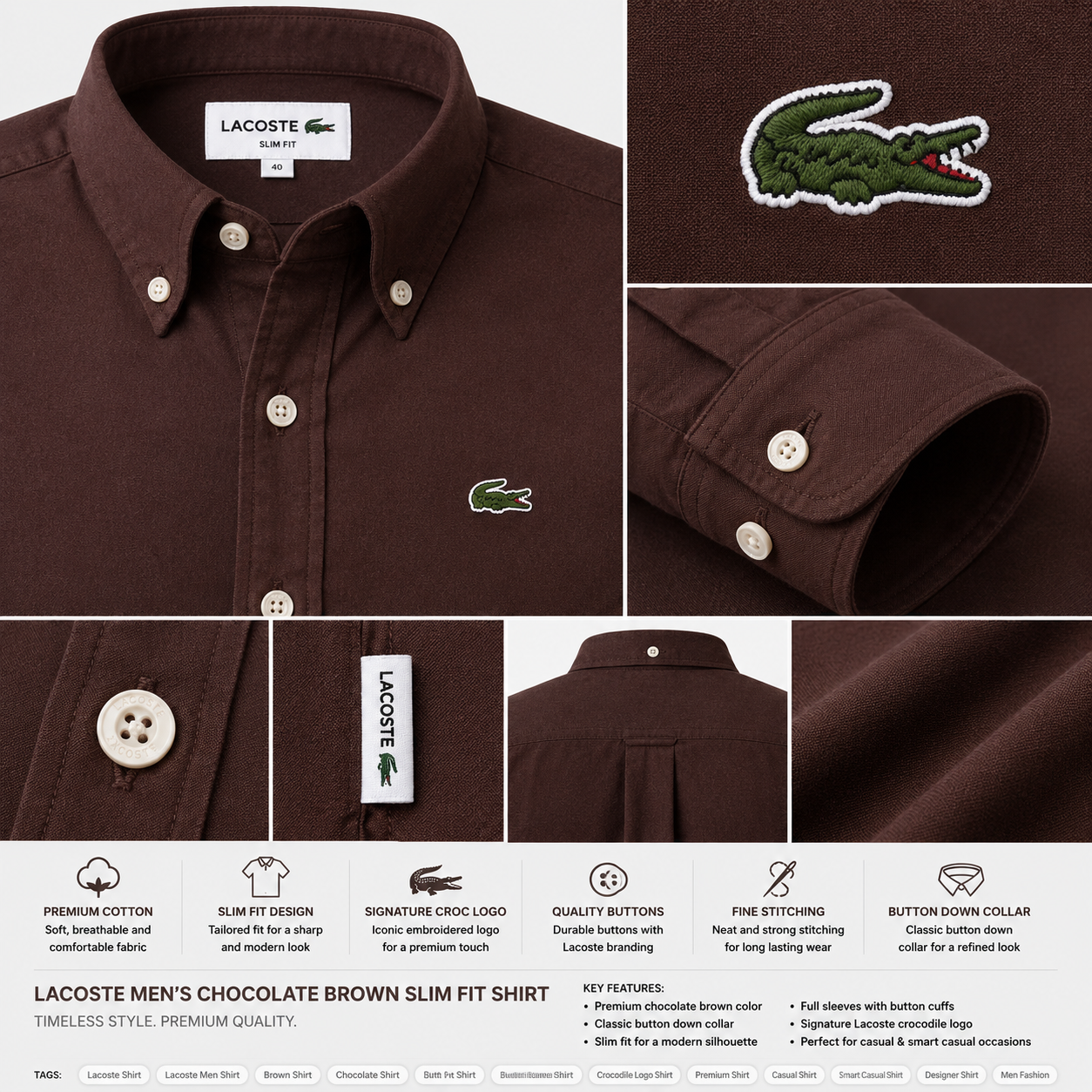 Lac_oste Men’s Chocolate Brown Slim Fit Button-Down Shirt – Signature Crocodile Logo