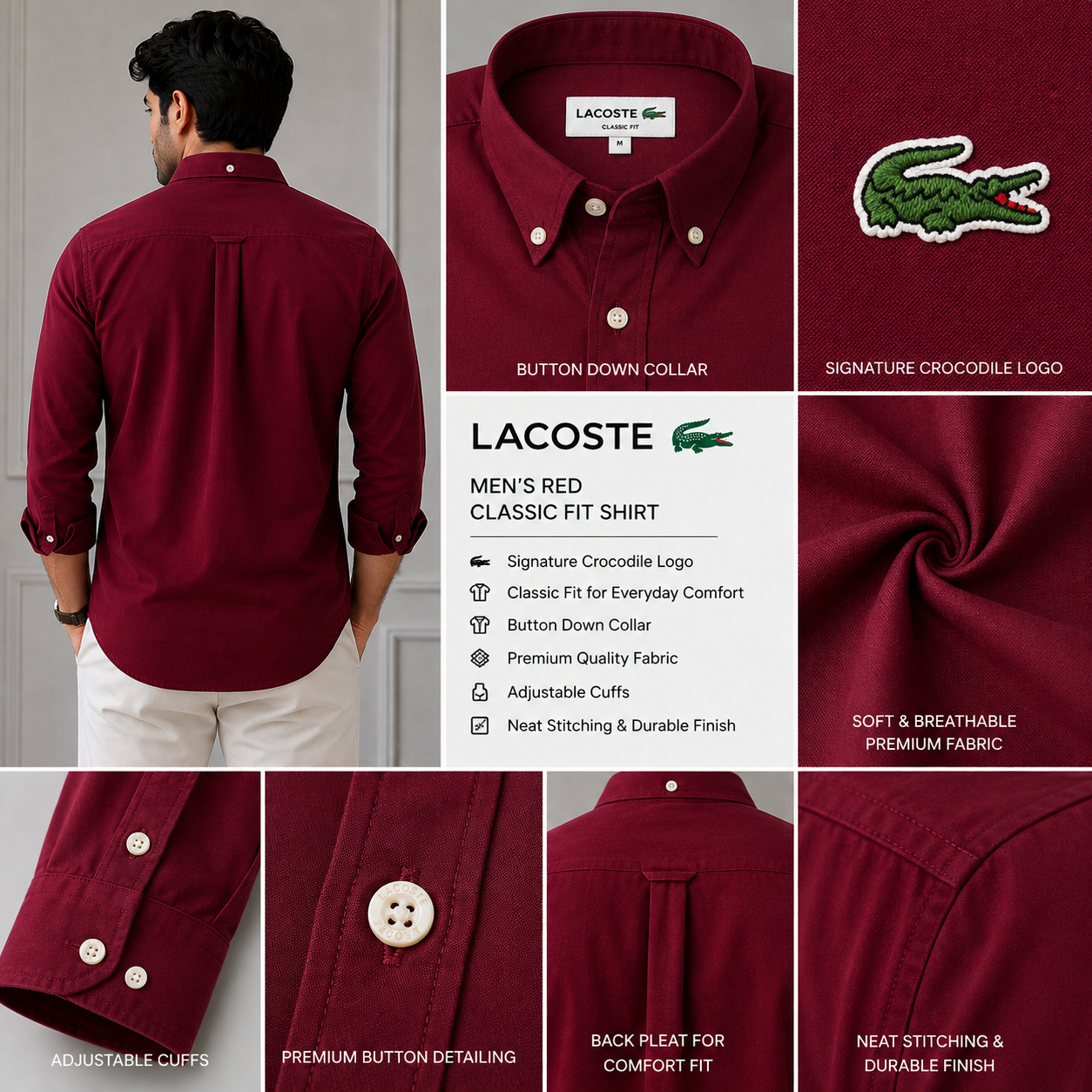 Lac_oste Men’s Red Classic Fit Button-Down Shirt – Premium Casual Wear