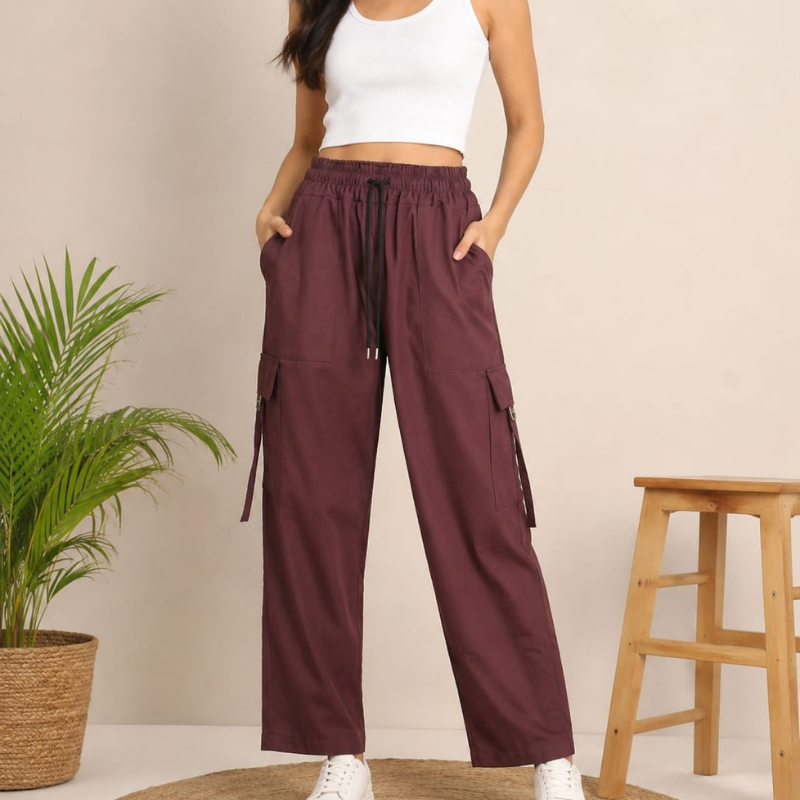 Wo_men's Maroon Cargo Pants – Relaxed Fit Utility Trousers