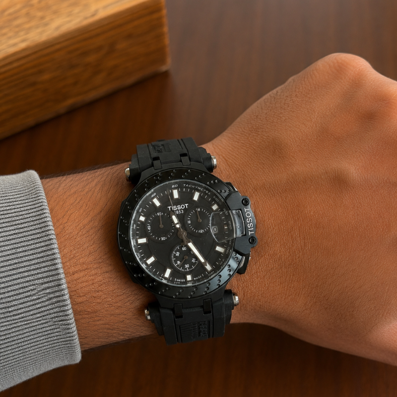 Tis_sot Men's Black Chronograph Sports Watch with Silicone Strap