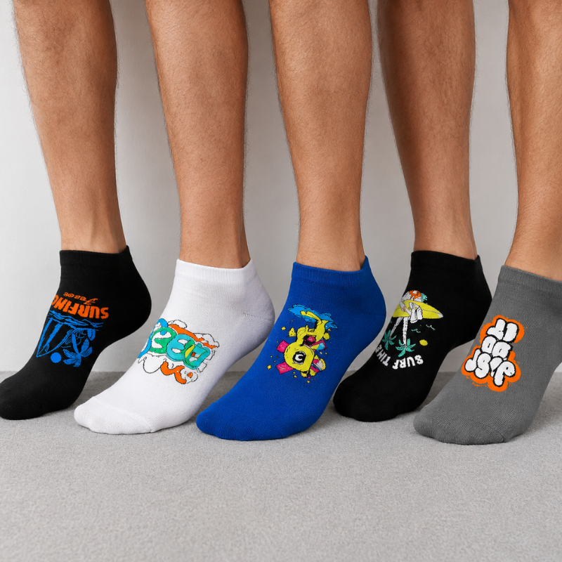 5_Pairs Premium Graphic Ankle Socks Combo for Men & Women | Soft Cotton No-Show Casual Socks