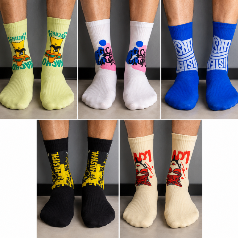 Gra_phic_Crew Socks Combo Pack of 5 | Premium Cotton Crew Socks | Soft Stretch Casual Fashion Socks | Multicolor