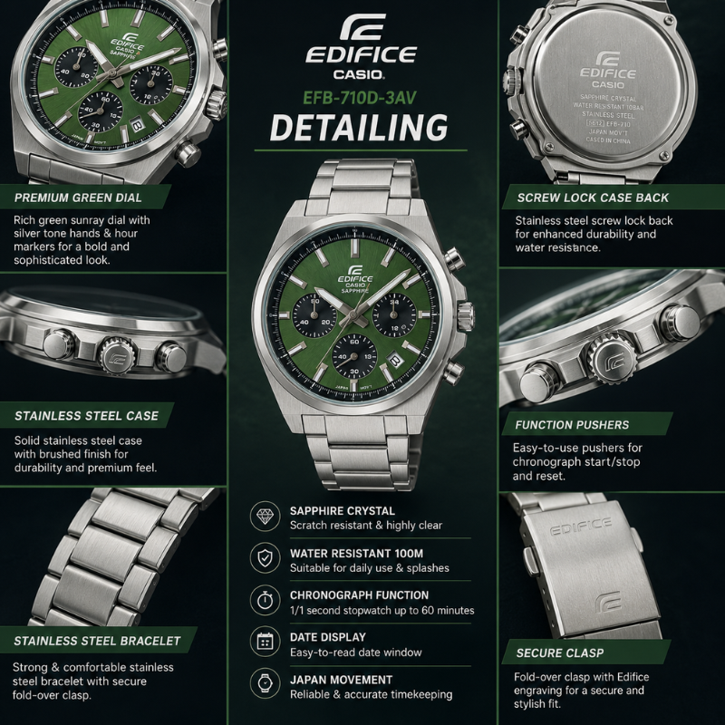 Ca_sio_Ed_ifice Green Dial Stainless Steel Chronograph Watch for Men | Sapphire Crystal | 100M Water Resistant