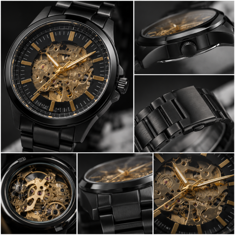 Fo_ssil Automatic Skeleton Dial Black Stainless Steel Men's Analog Watch