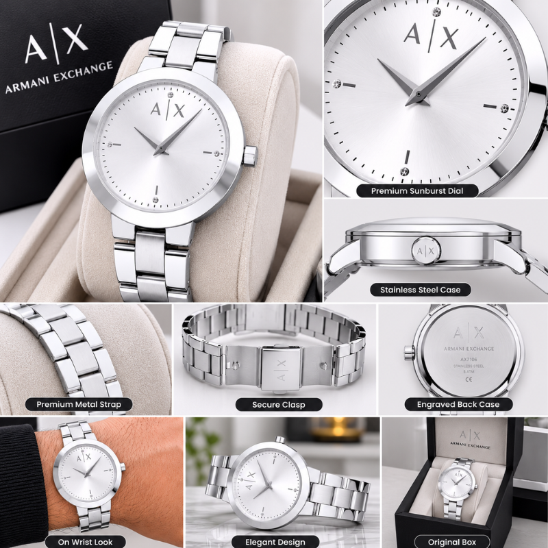 A_|_X Ar_mani Ex___change Silver Stainless Steel Analog Watch for Men