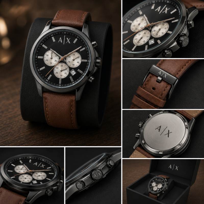 A_|_X Arm_ani Ex_change Men's Black Chronograph Watch with Brown Leather Strap