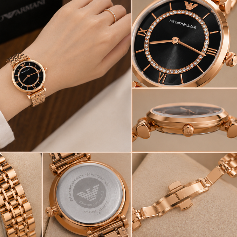 Em_porio Ar_mani Women's Rose Gold Analog Watch | Black Dial Luxury Timepiece
