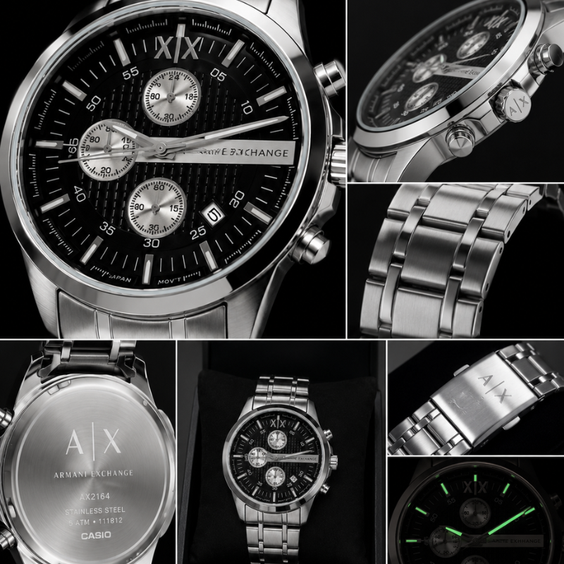 Arm_ani Exch_ange Men's Stainless Steel Chronograph Analog Watch – Black Dial | Silver Strap