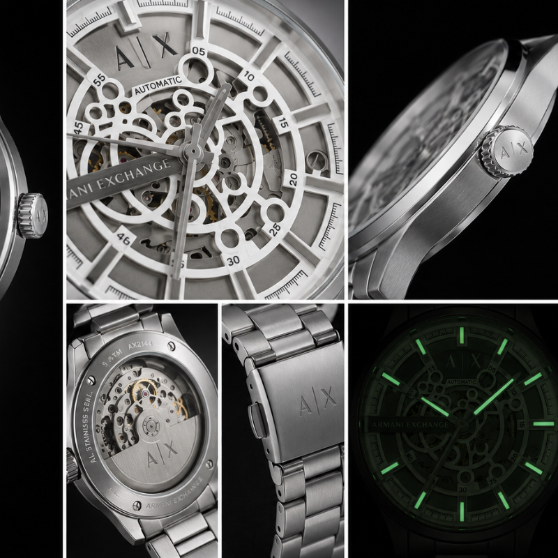 Ar_mani Ex_change A|X Automatic Skeleton Stainless Steel Men's Watch – Silver Dial