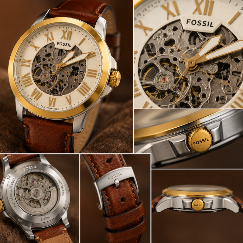 Fos_sil Automatic Skeleton Dial Analog Watch for Men | Brown Leather Strap | Gold Tone Bezel | Premium Stainless Steel Case