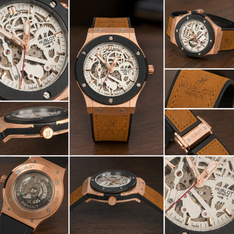 Hu_blot Gen_ève Skeleton Rose Gold Men's Analog Luxury Watch – Brown Leather Strap