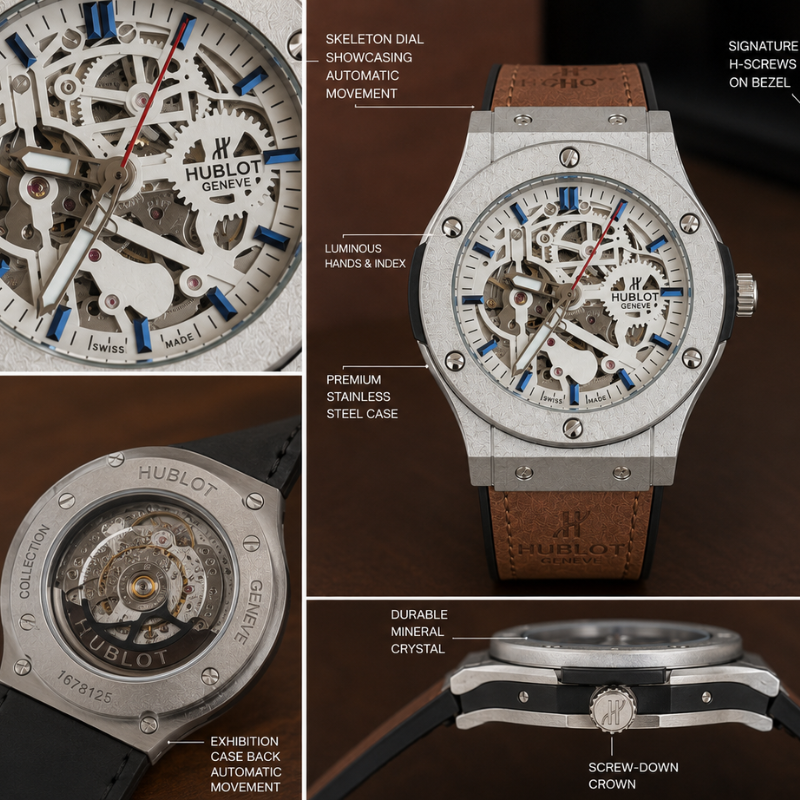 Hu_blot Gen_ève Skeleton Silver Men's Analog Luxury Watch – Brown Leather Strap